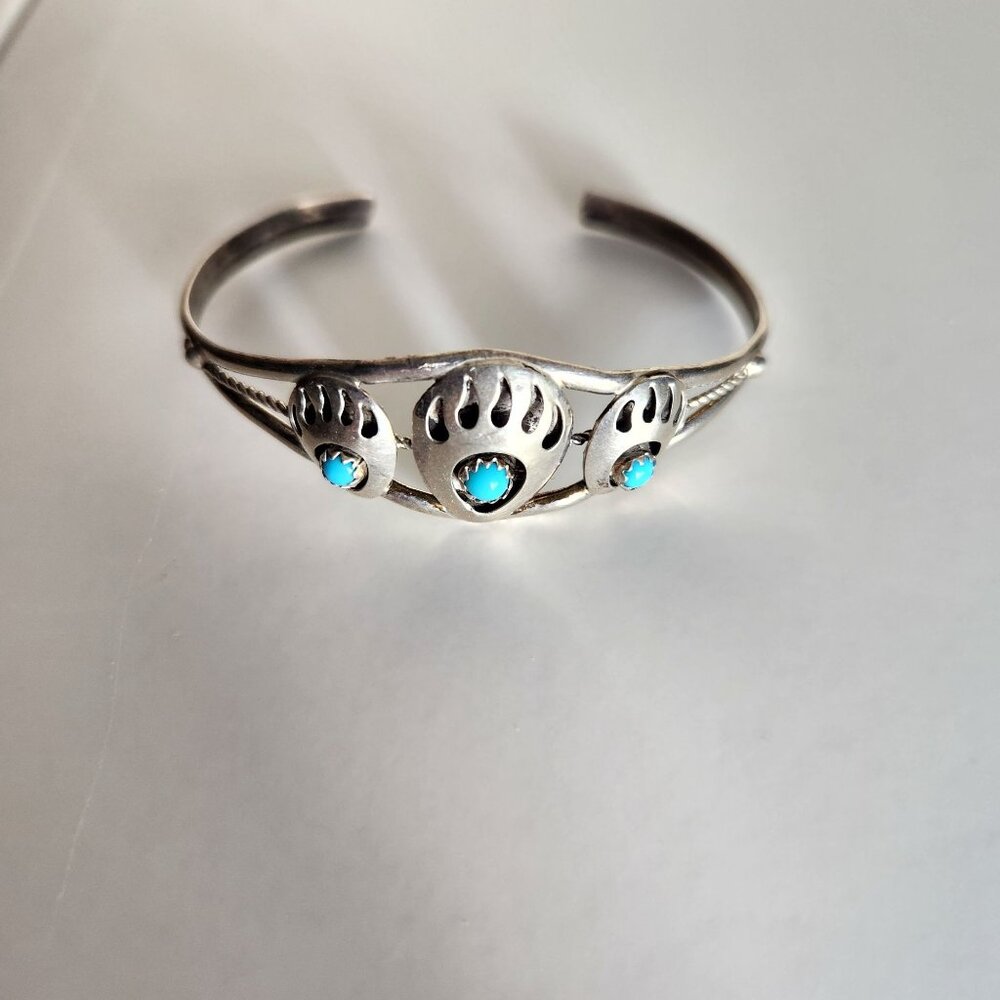 Vintage Navajo Sterling Silver Bear Paw Cuff Bracelet With Turquoise Stones